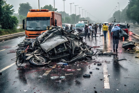 Car crash accident on road. Generative AI.の素材