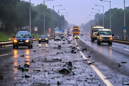 Car crash accident on road. Generative AI.の素材