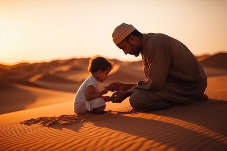 Father and son in the desert at sunset. Dubai, United Arab Emiratesの素材
