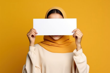 Portrait of a beautiful young asian muslim woman with hijab covering her face with white sheet of paper on yellow backgroundの素材