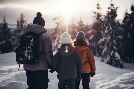 Back view of family with backpacks walking on snow in winter forestの素材