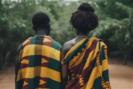 Portrait of two young african couple in national clothes standing back.の素材