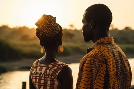 Back view of young African couple looking at each other on the beach.の素材
