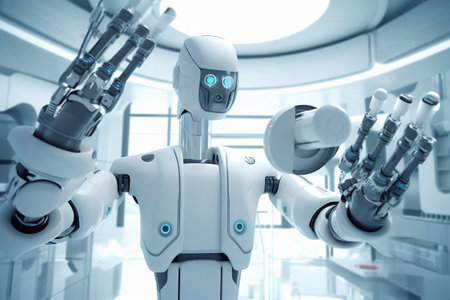 3d rendering humanoid robot working in modern office space, future technology conceptの素材