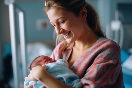 Portrait of happy mother holding her newborn baby in hospital ward.の素材