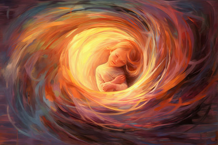 Illustration of a newborn baby inside a spiral womb.の素材