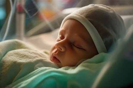Sleeping newborn baby boy in a hospital bed. Close up portrait.の素材