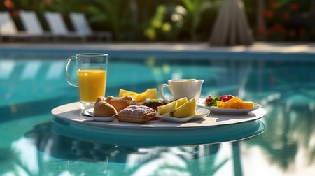 Breakfast with coffee, orange juice, croissants and fruits by the swimming pool.の素材