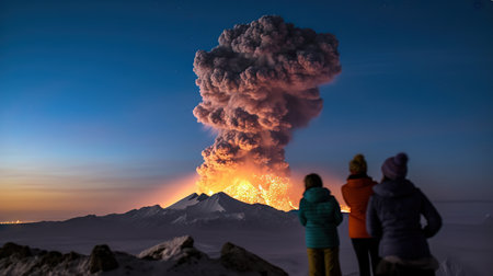 Volcano eruption in Kamchatka, Russia. People watching the eruptionの素材