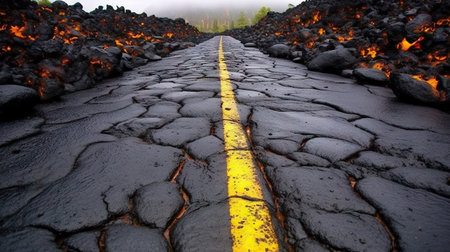 Lava flow on the ground road with yellow line in Hawaii Volcanoes National Parkの素材
