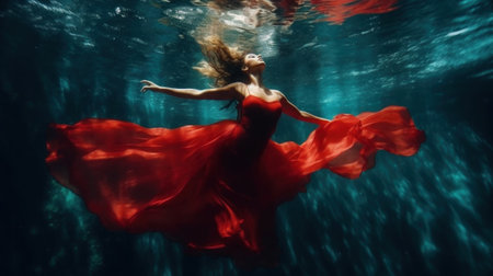 Beautiful woman in red dress underwater in the sea. Flying in the water.の素材