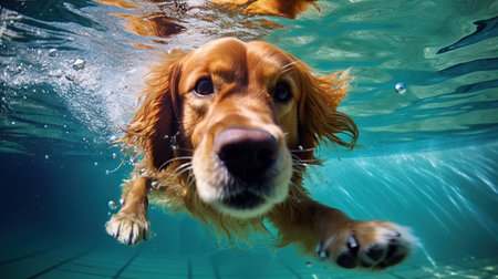 Cocker Spaniel swimming underwater in a pool with water splashesの素材