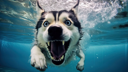 Siberian husky swimming underwater in the pool. Toned.の素材