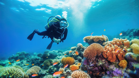 Scuba diver and colorful tropical coral reef in the Red Sea.の素材