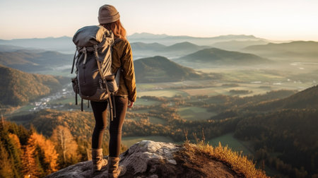 Young woman hiker with backpack stand on top of mountain and looking at valley belowの素材