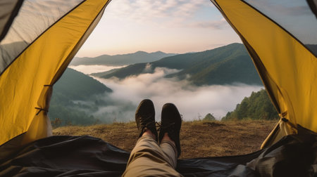 Man relaxing in tent on the top of the mountain at sunrise.の素材