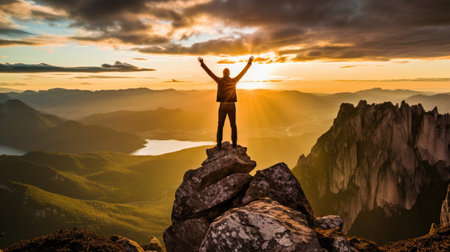 Silhouette of a man standing on the top of a mountain and raising his hands up.の素材