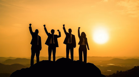 Silhouette of successful business team raising their hands on top of mountain peakの素材
