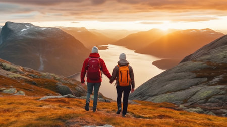 Back view of couple holding hands and walking on mountain top at sunsetの素材