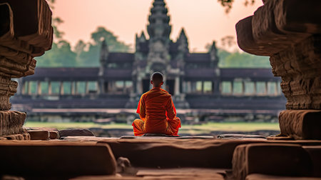 Buddhist monk meditating in front of Pura Besakih temple in Bali, Indonesiaの素材