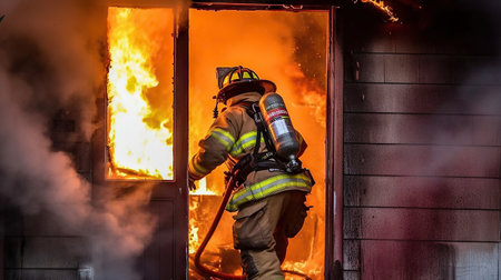Firefighters extinguish a fire in a building. Firefighter in action.の素材