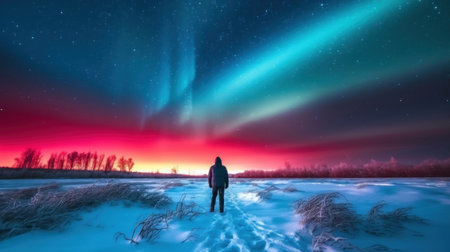 Man looking at aurora borealis in winter landscape. Northern lights.の素材