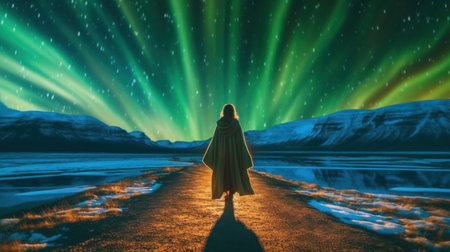 A woman in a yellow cloak stands on the road in the northern lights