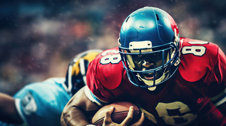 American football player with ball on the field.の素材