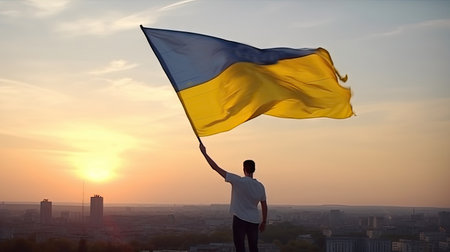 Young man waving the flag of Ukraine on the background of the sunsetの素材