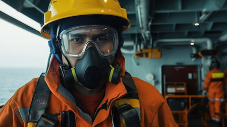 Portrait of a male worker wearing a safety vest and gas mask on a shipの素材