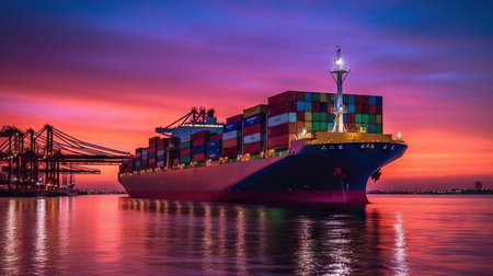 Container Cargo freight ship with working crane bridge at sunset for Logistic Import Export backgroundの素材