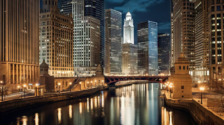 Chicago River and Chicago skyline at night, Illinois, United States.の素材