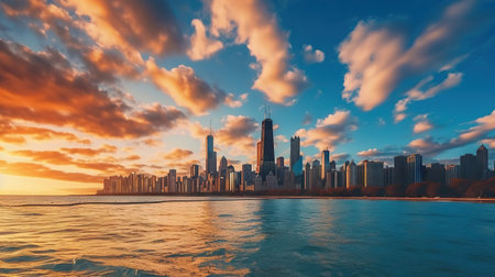 Chicago skyline at sunset, Illinois, United States.の素材