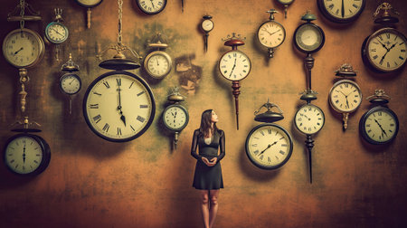 Portrait of a beautiful young woman standing in front of a wall full of clocksの素材