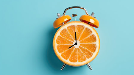 Orange fruit with alarm clock on blue background, 3d illustration.の素材