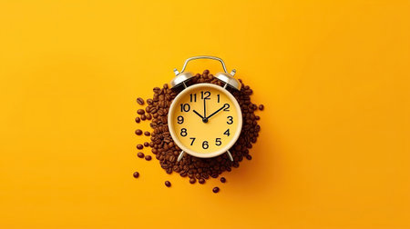Alarm clock with coffee beans on yellow background. Top view.の素材