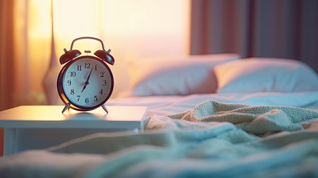 Alarm clock on a bed in the morning. Selective focus.の素材