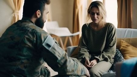 Sad soldier looking at woman sitting on sofa at homeの素材