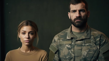 Military man and woman in uniform looking at camera on dark background, sad quarrel couple.の素材
