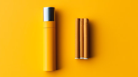 Flat lay composition with e-cigarette tubes on yellow background. Generative AI.の素材
