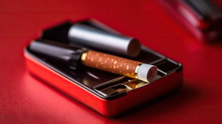Electronic cigarettes in a red ashtray on background. Generative AI.の素材