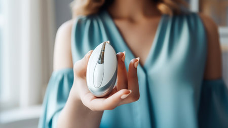 Cropped shot of woman holding electronic device for tobacco heating system in hand, closeup. Generative AI.の素材