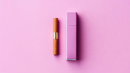 Pink tobacco heating system. Electronic cigarette. Flat lay, top view. Generative AI.の素材