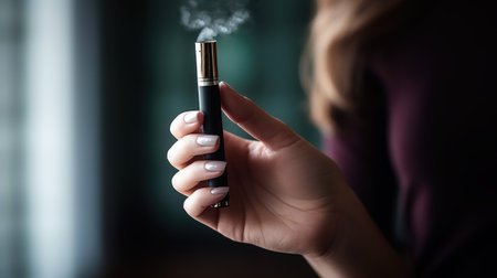Close-up of a woman holding a electronic cigarette in her hand. Generative AI.の素材