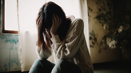 Depressed young asian woman sitting on the floor in front of the window. Generative AI.の素材