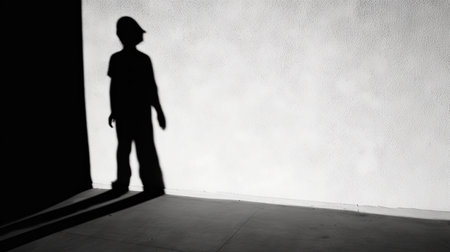 Silhouette of a boy shadow in front of a wall. Generative AI.の素材