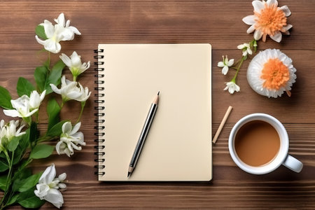 Flat lay blank paper sheet, wooden background, coffee flowers pencil, top view with empty copy space. Generative AI.の素材