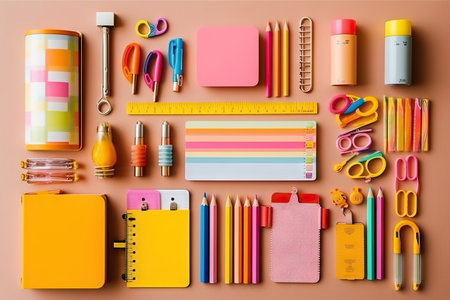 Colorful stationary school supplies on pastel background, flat lay. Generative AI.の素材