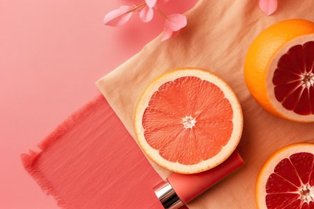 Beautiful composition with cosmetics fruits flowers on pink background, flat lay. Generative AI.の素材