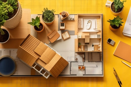 Creative architect moodboard composition with samples, yellow background flat lay. Generative AI.の素材